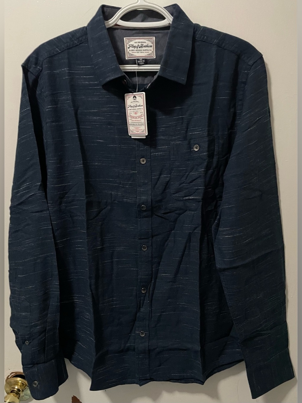 Flag & Anthem Men’s Navy Texture Button Up Long Sleeve Cotton Shirt Size Medium